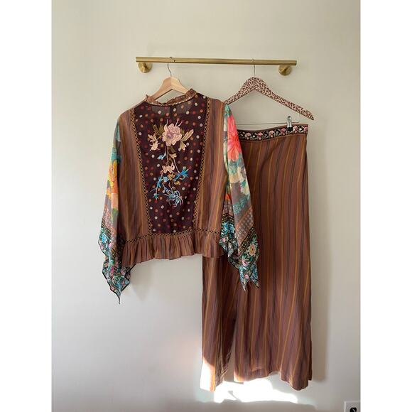 ARATTA Anthropologie Brown Striped Floral Set Mariah Stripe Pants Size Medium - Picture 3 of 7
